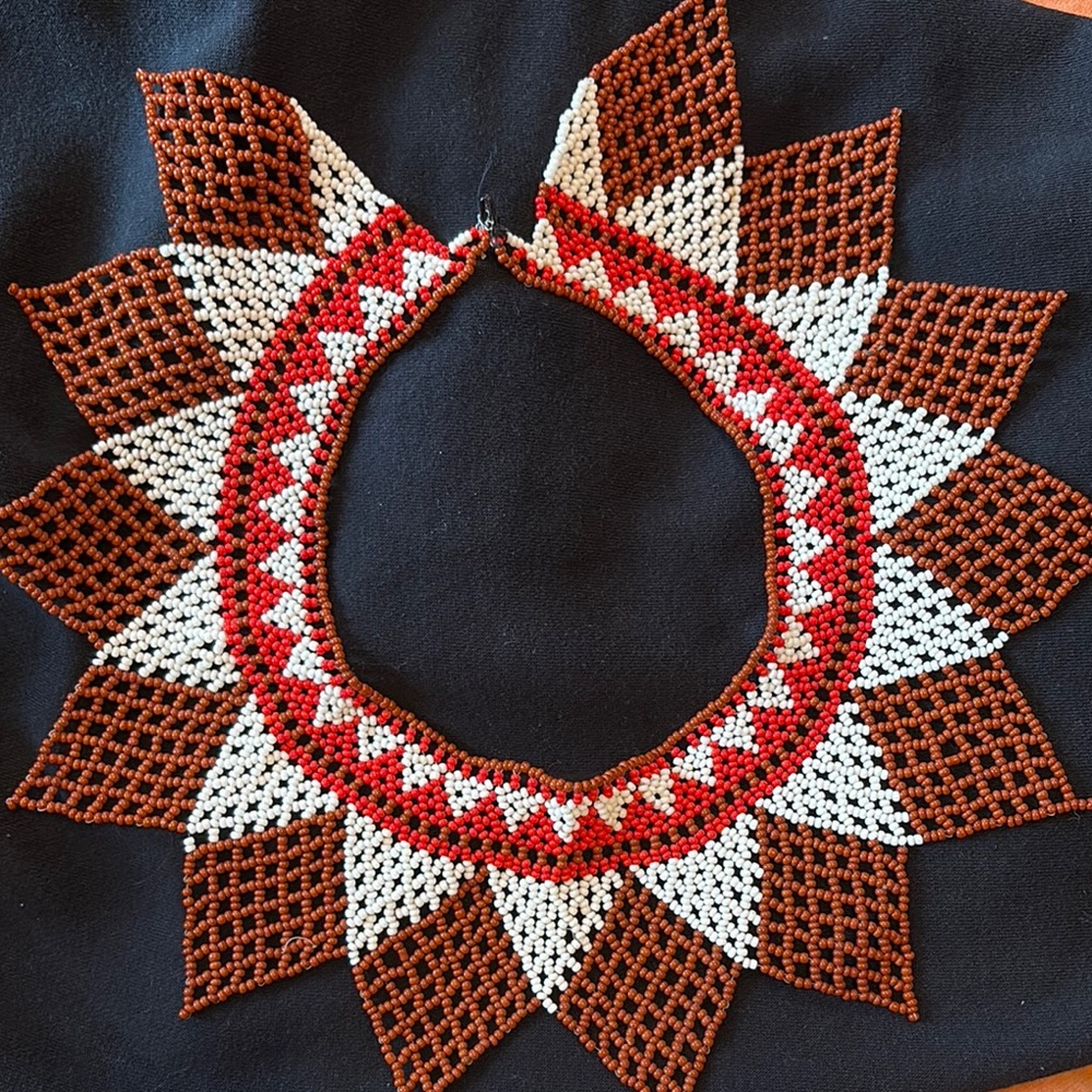 Handcrafted Beaded Necklace - Red, White, and Brown